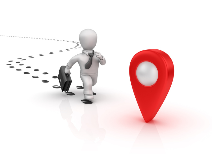 Business Person Running on Footprints with GPS Marker - 3D Rendering Business Person Running on Footprints with GPS Marker - White Background - 3D Rendering