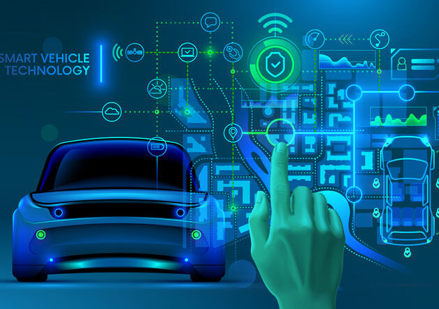 Future automotive smart vehicles intelligent system concept. Computer virtual diagnostic interface of autonomous car. Data about security, technical state, gps, battery charge on hud dashboard. IOT.